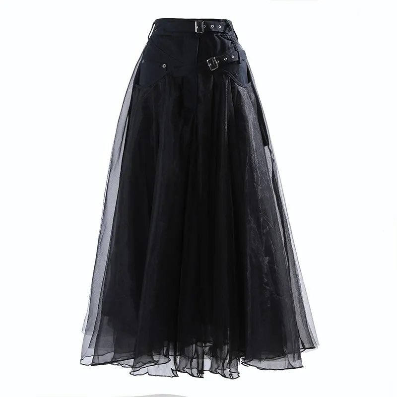 Patchwork Mesh Solid  Casual High Waist Skirt