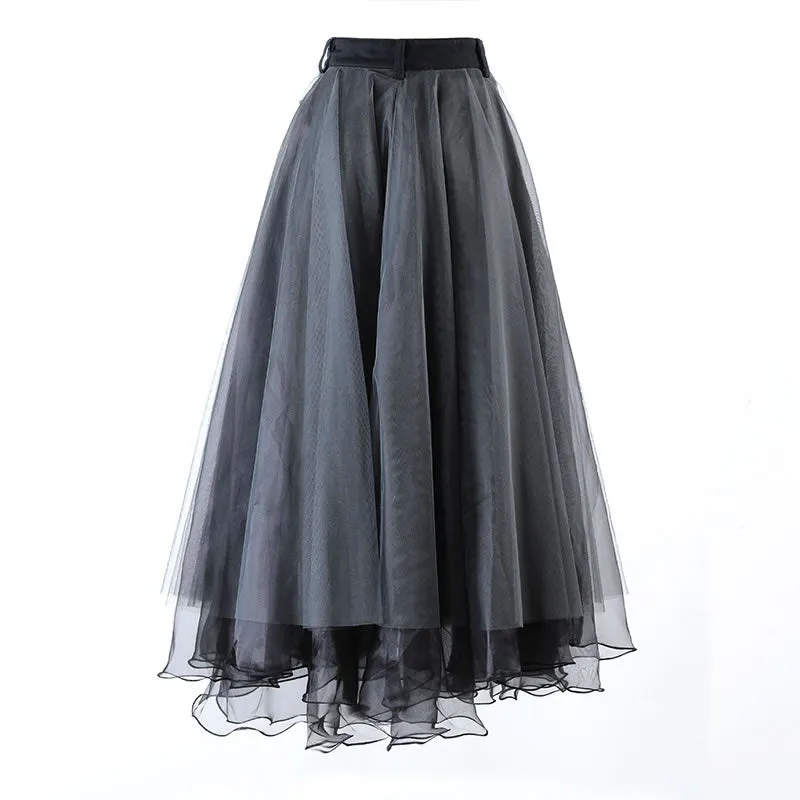 Patchwork Mesh Solid  Casual High Waist Skirt