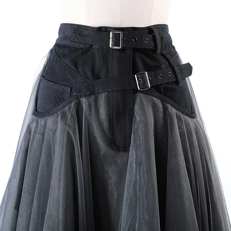 Patchwork Mesh Solid  Casual High Waist Skirt