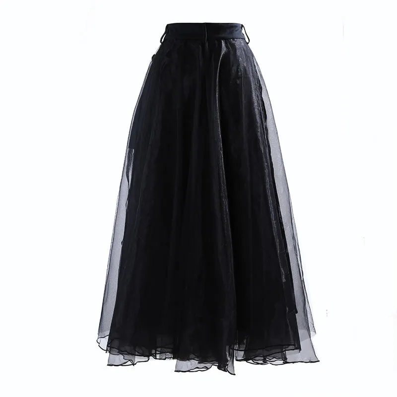 Patchwork Mesh Solid  Casual High Waist Skirt