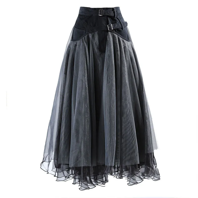 Patchwork Mesh Solid  Casual High Waist Skirt