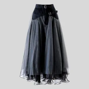 Patchwork Mesh Solid  Casual High Waist Skirt