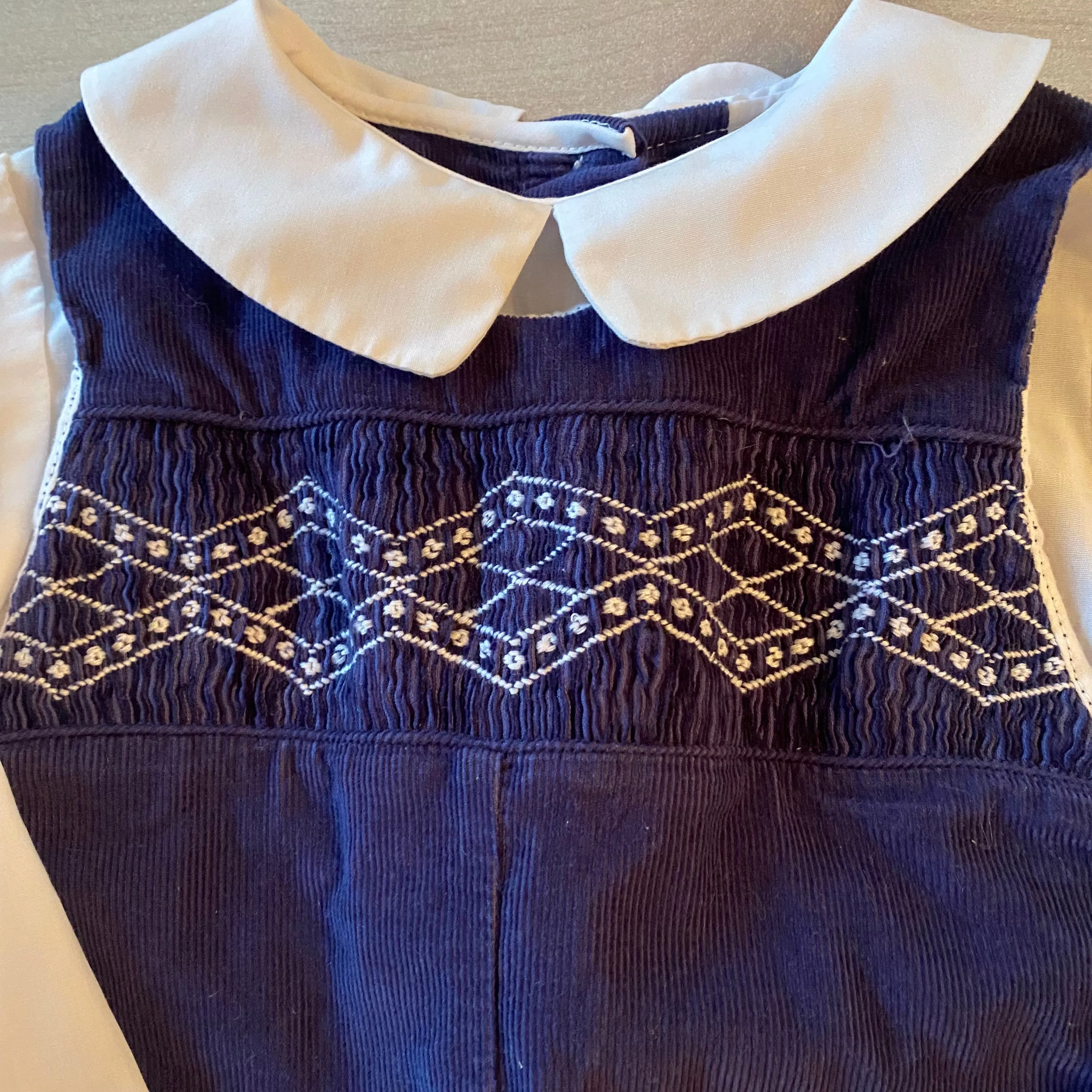 Petit Pomme Blue Smocked Corduroy Romper and White Collared Shirt