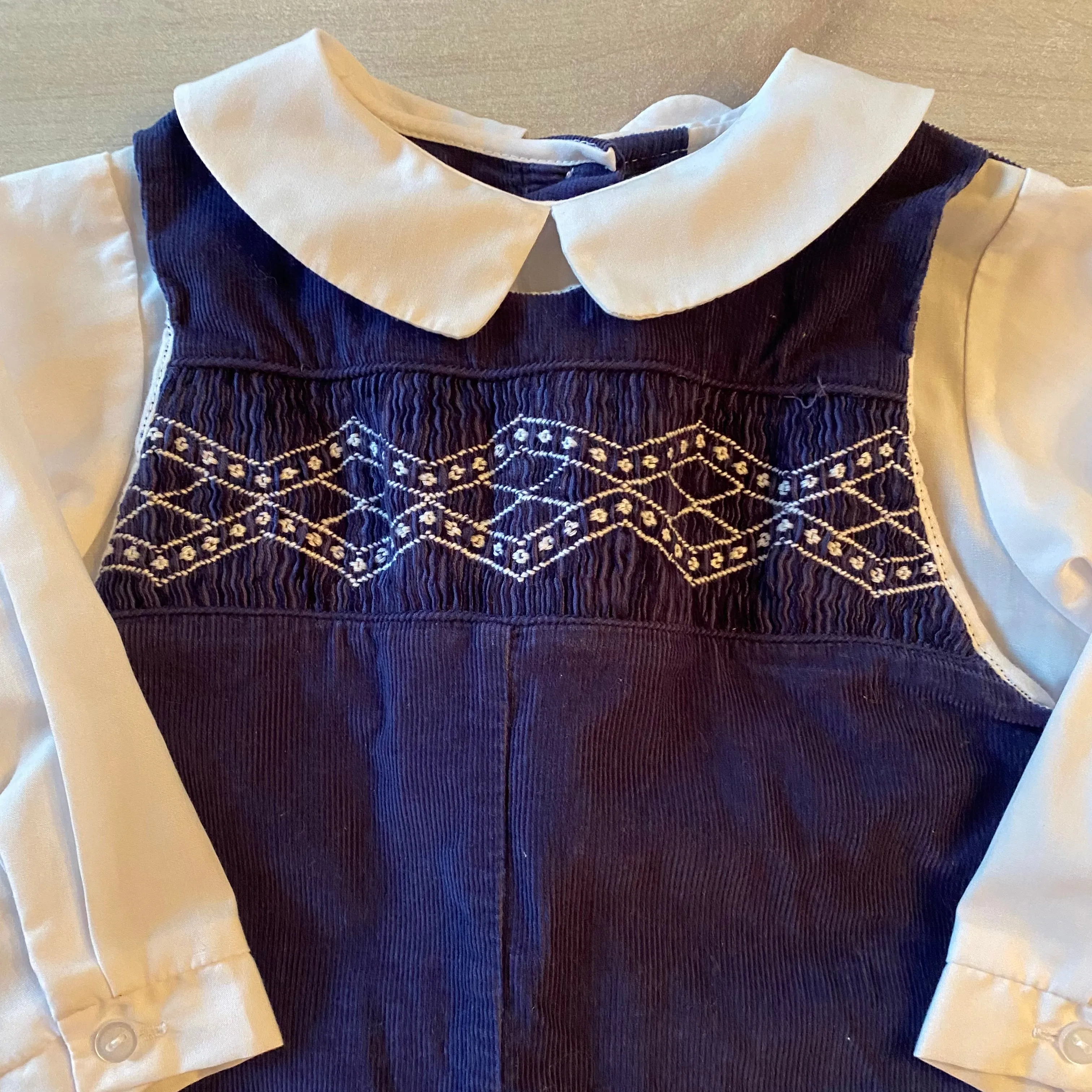 Petit Pomme Blue Smocked Corduroy Romper and White Collared Shirt