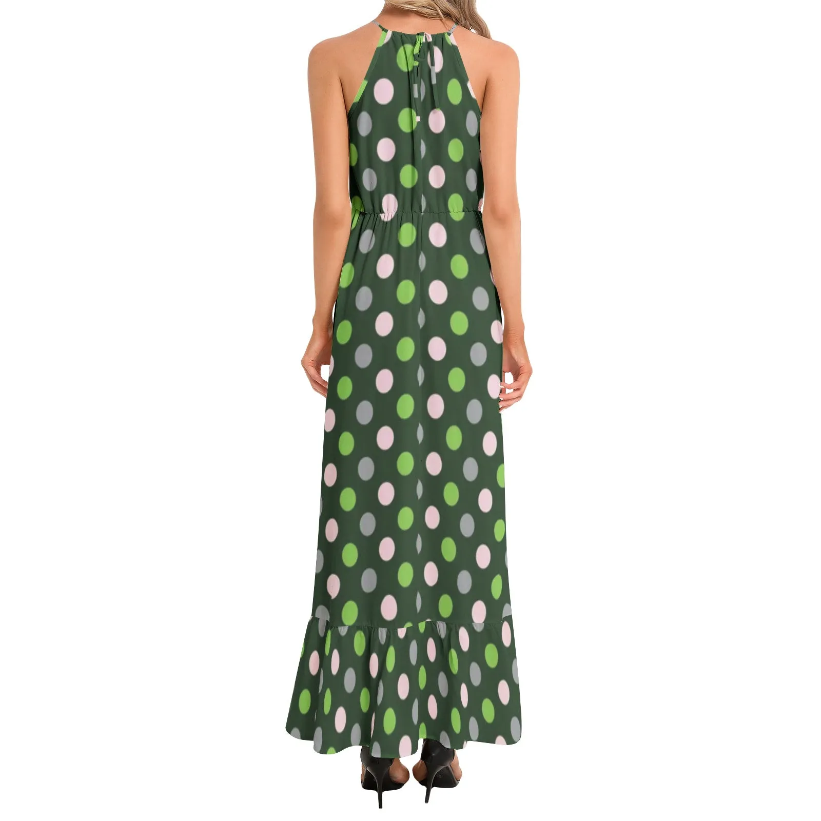 Pink and Green Polka Dot Ruffle Hem Halter Neck Maxi Dress