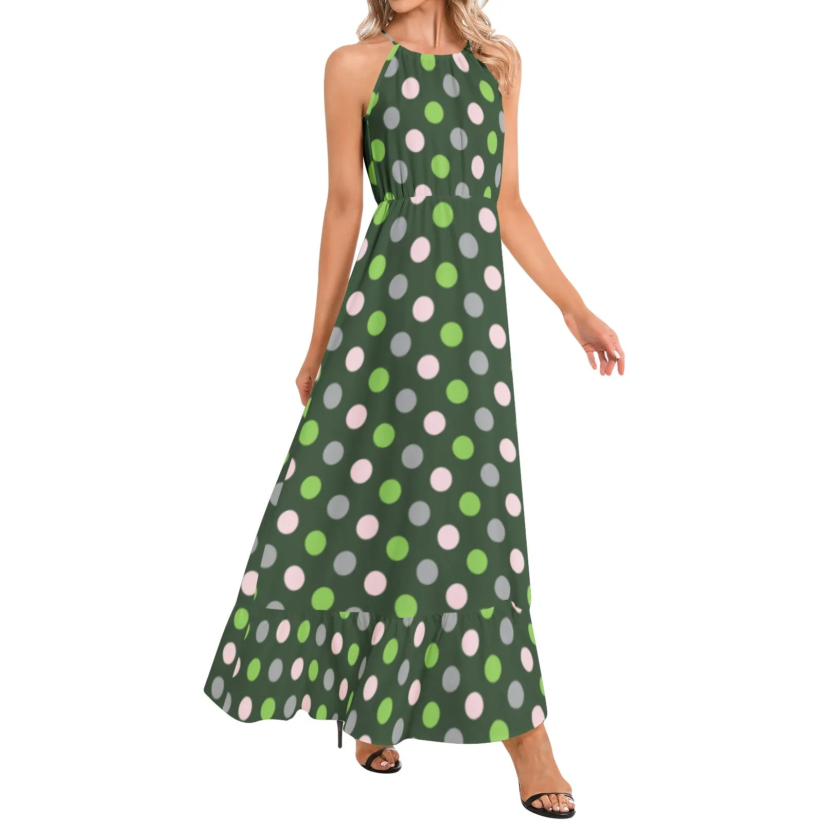 Pink and Green Polka Dot Ruffle Hem Halter Neck Maxi Dress