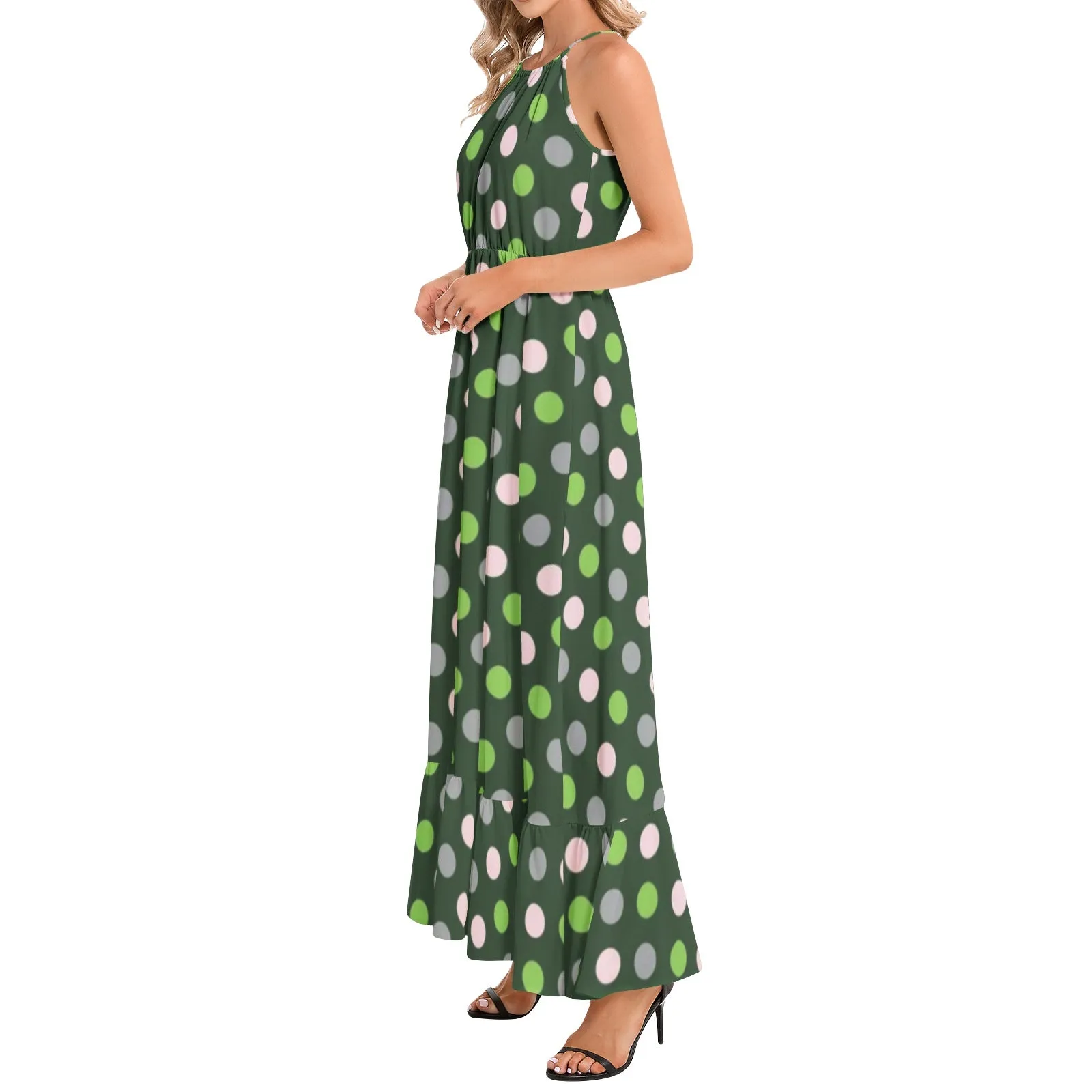 Pink and Green Polka Dot Ruffle Hem Halter Neck Maxi Dress