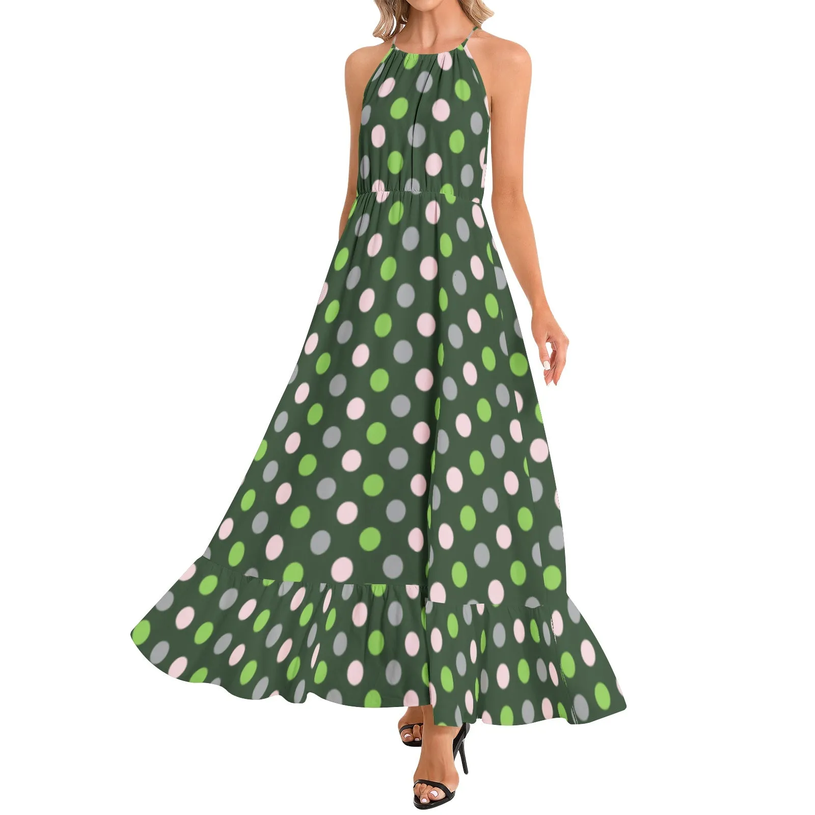 Pink and Green Polka Dot Ruffle Hem Halter Neck Maxi Dress