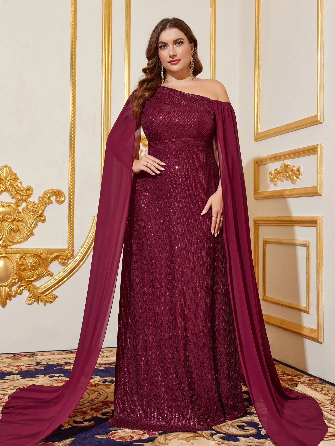 Plus Sloping Neck Cloak Sleeves Sequin Party Dress