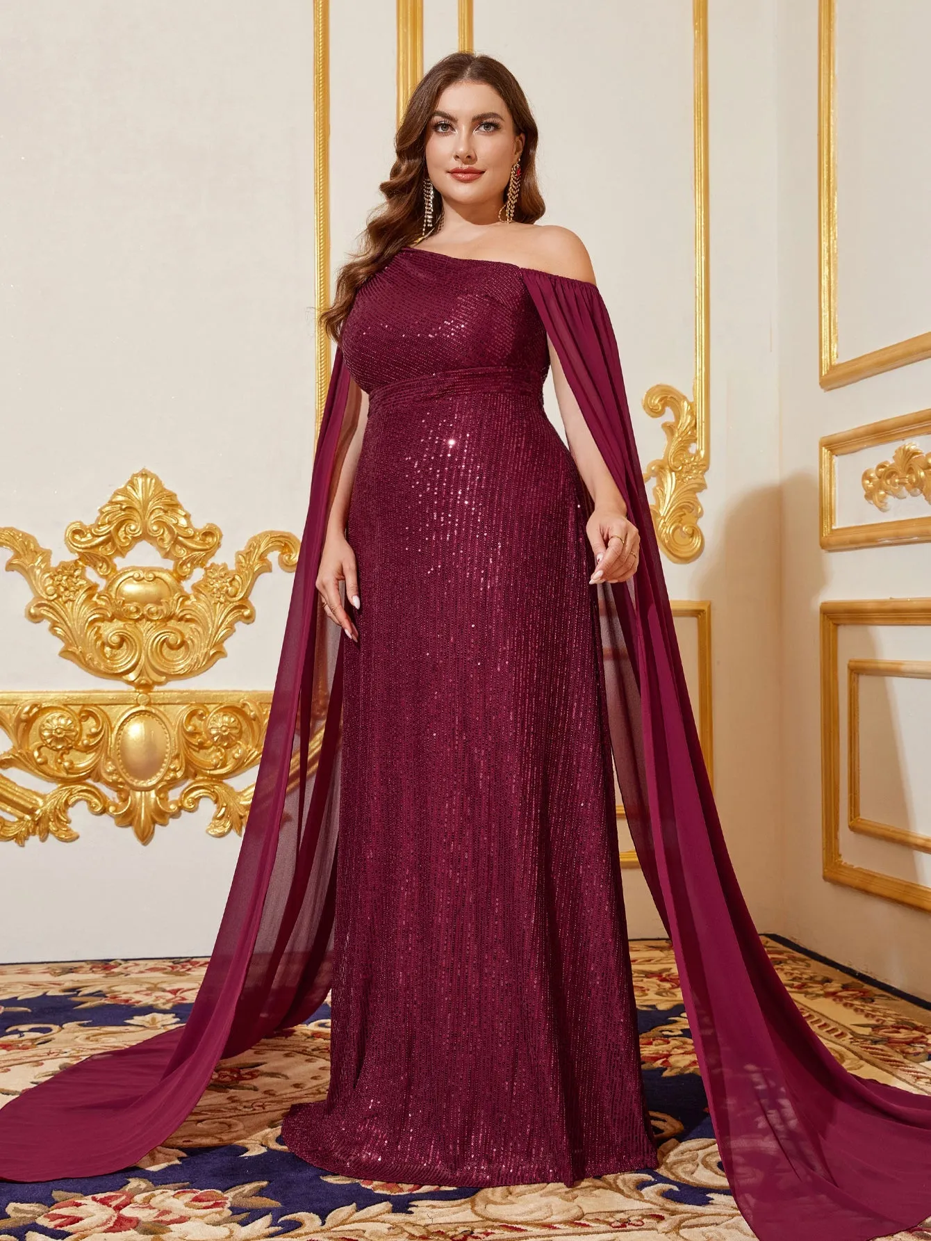 Plus Sloping Neck Cloak Sleeves Sequin Party Dress