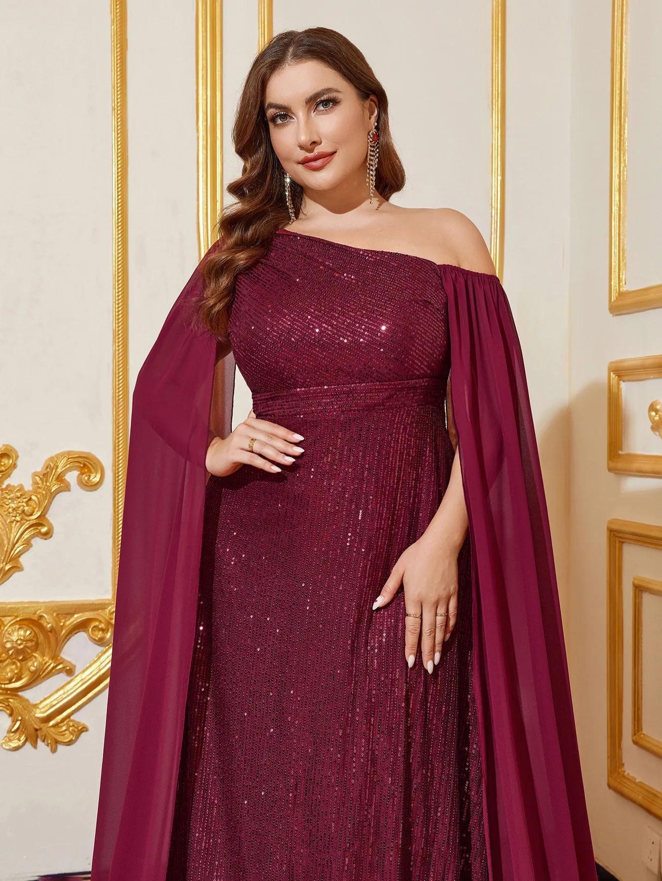 Plus Sloping Neck Cloak Sleeves Sequin Party Dress