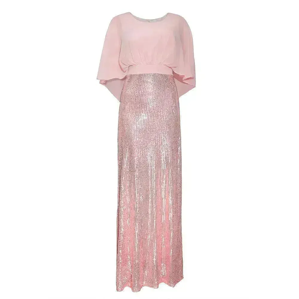 Polyester Stitching Chiffon Bat Sleeve Dress