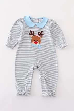 Premium grey stripe reindeer applique girl romper