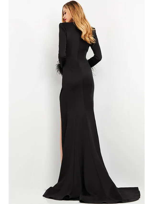 Prom Dresses Maxi Dress Formal  Long Sleeve V Neck Stretch Fabric with Feather Slit