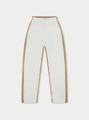 PU SPLICED DENIM JEANS - OFF WHITE/BEIGE