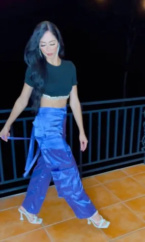 Purple Wide Leg Satin Cargo Pants