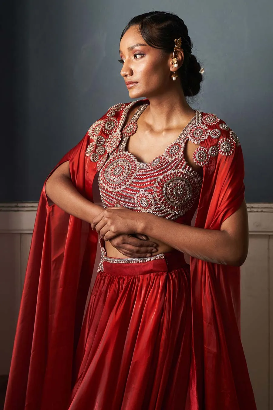 Red Hand-Embroidered Blouse, Lehenga & Cape Set