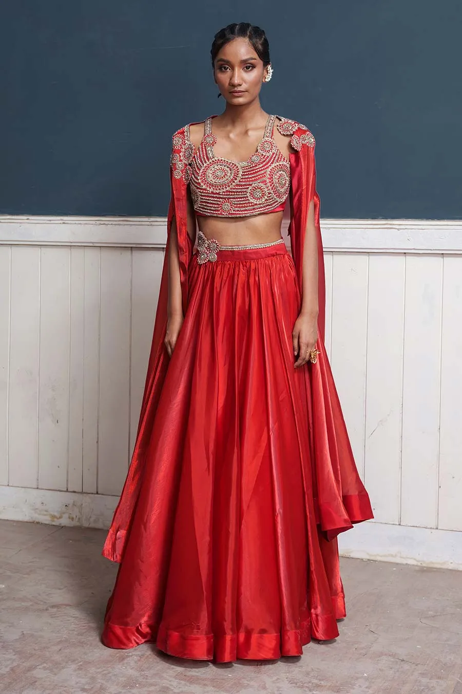 Red Hand-Embroidered Blouse, Lehenga & Cape Set