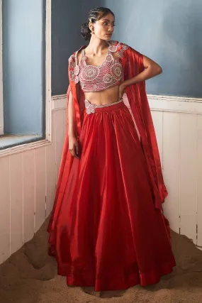 Red Hand-Embroidered Blouse, Lehenga & Cape Set