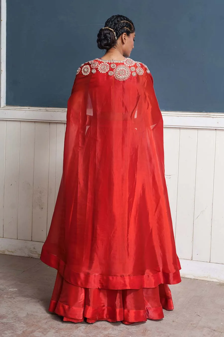 Red Hand-Embroidered Blouse, Lehenga & Cape Set