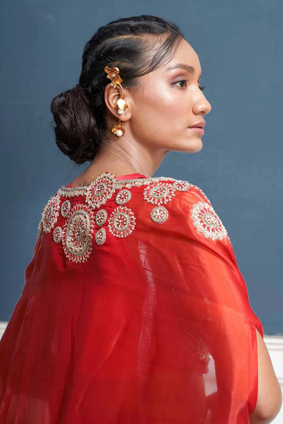 Red Hand-Embroidered Blouse, Lehenga & Cape Set