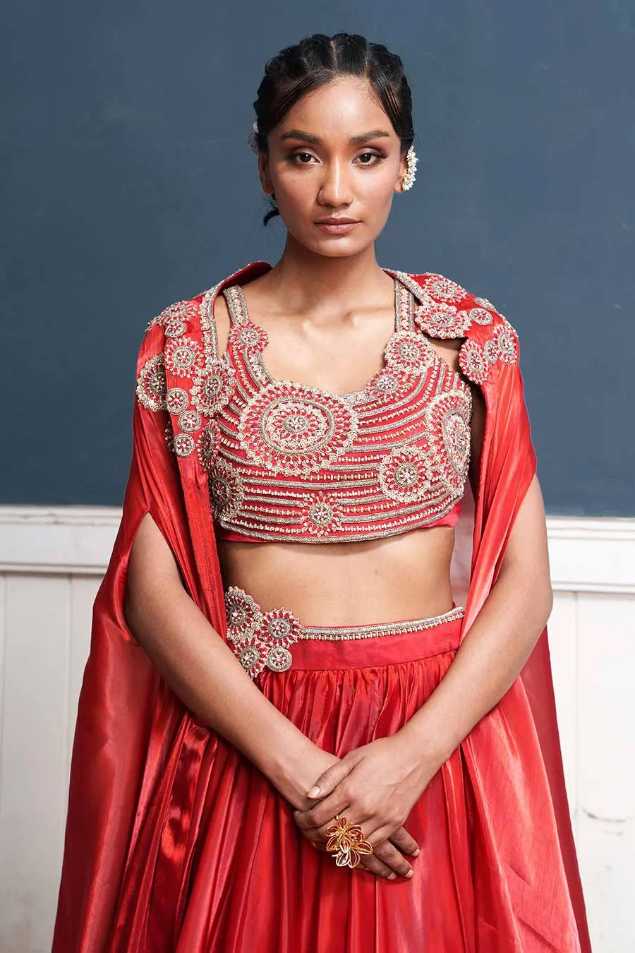 Red Hand-Embroidered Blouse, Lehenga & Cape Set