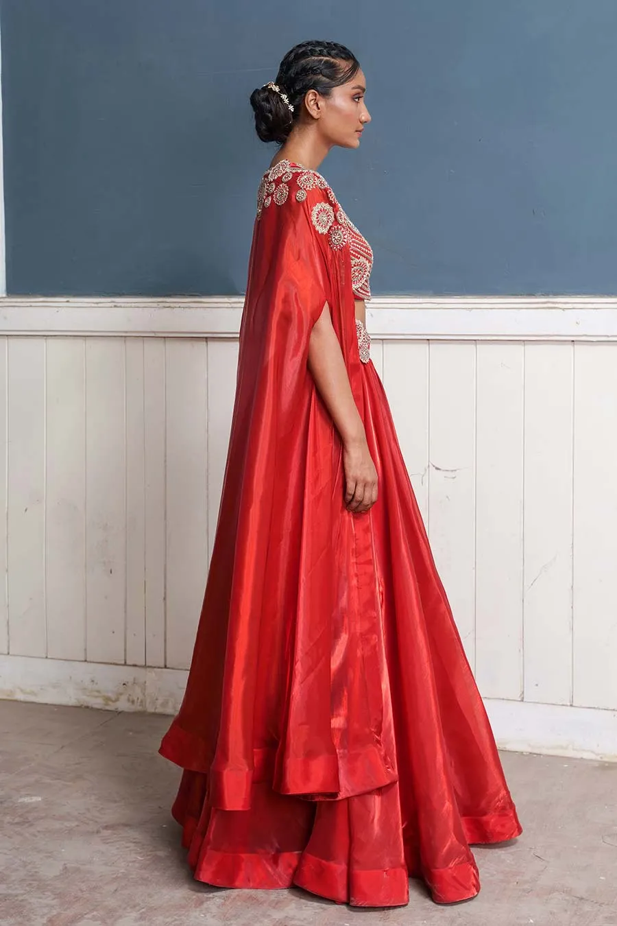 Red Hand-Embroidered Blouse, Lehenga & Cape Set