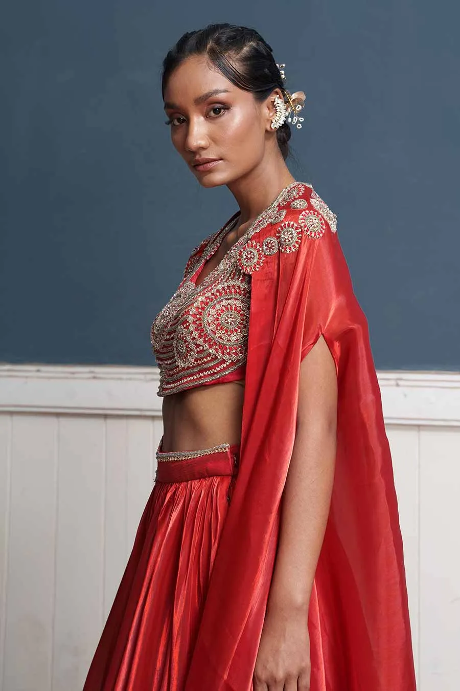 Red Hand-Embroidered Blouse, Lehenga & Cape Set