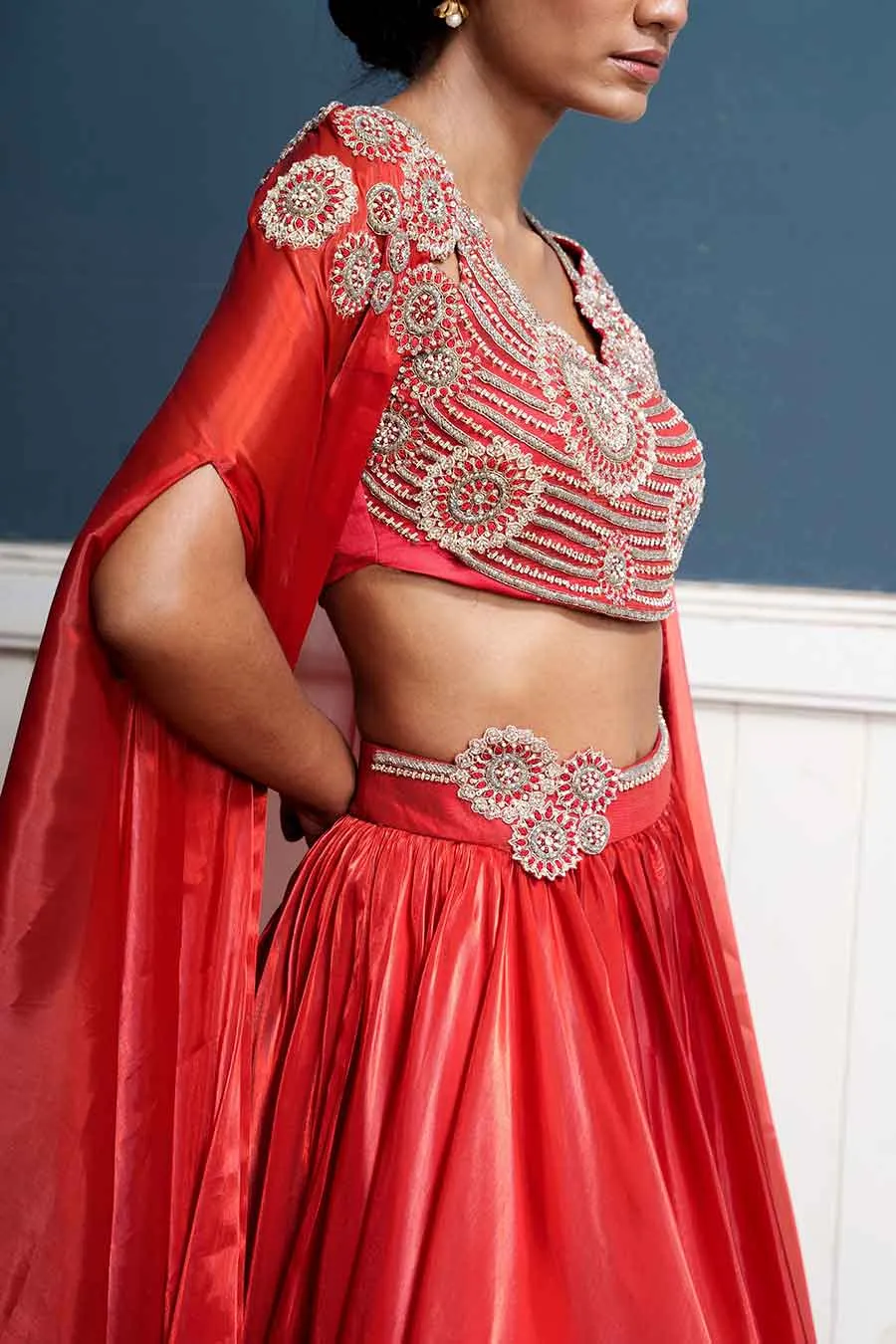 Red Hand-Embroidered Blouse, Lehenga & Cape Set