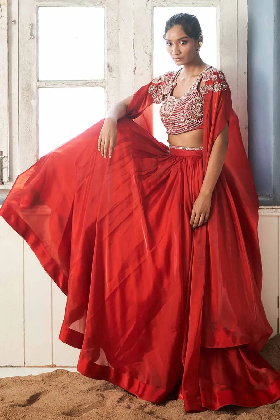 Red Hand-Embroidered Blouse, Lehenga & Cape Set