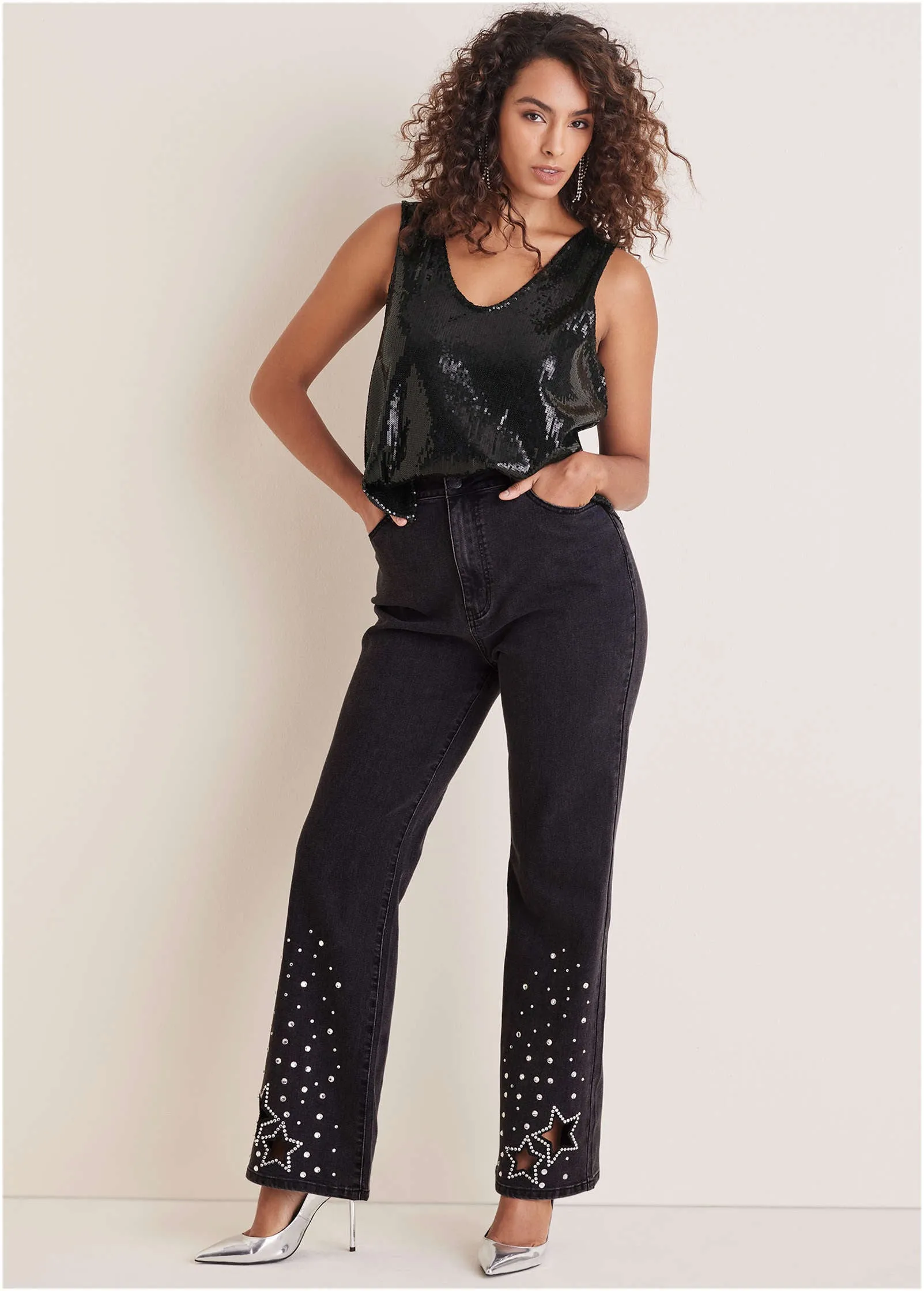 Rhinestone Embellished Jeans - Black Wash