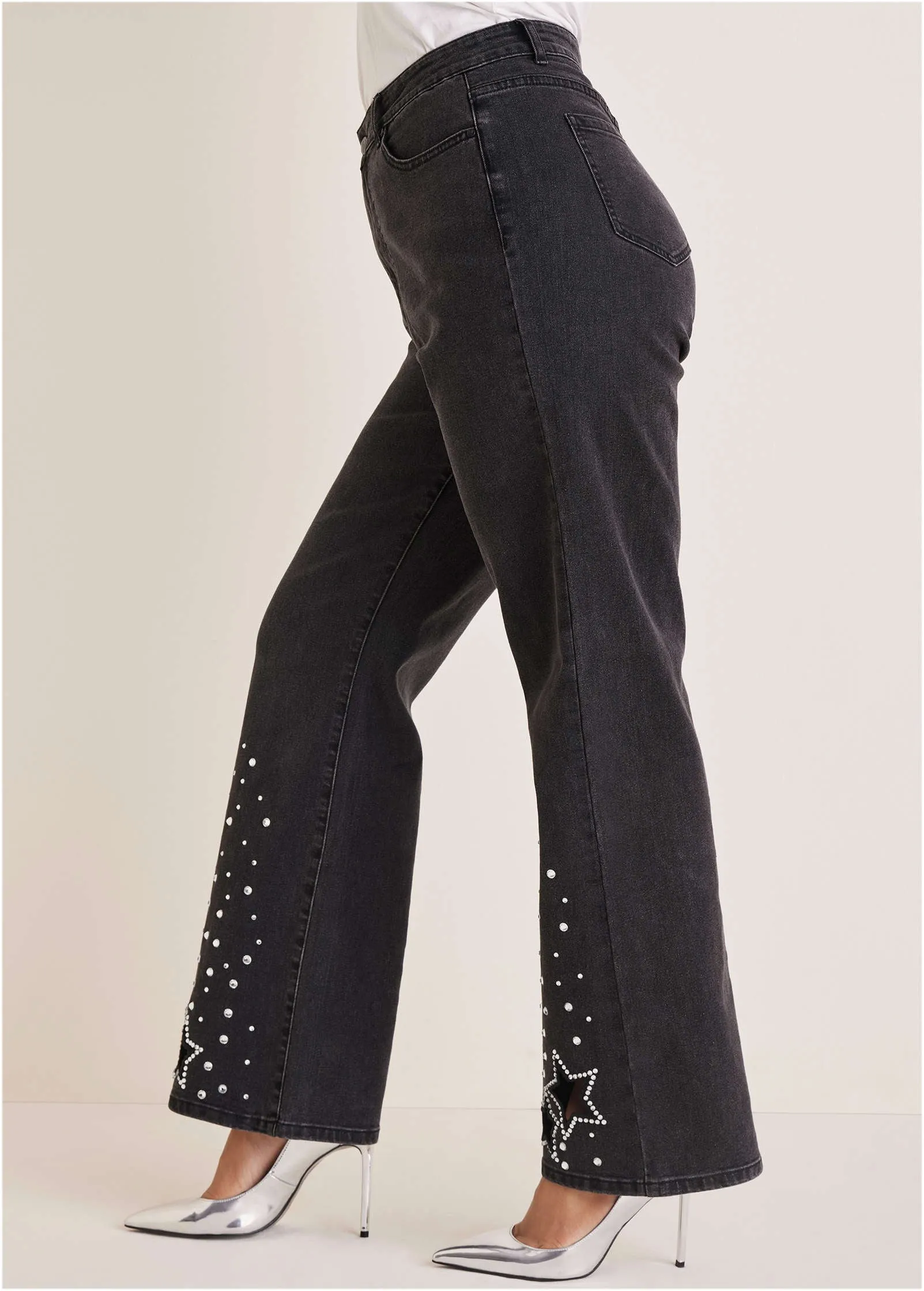 Rhinestone Embellished Jeans - Black Wash