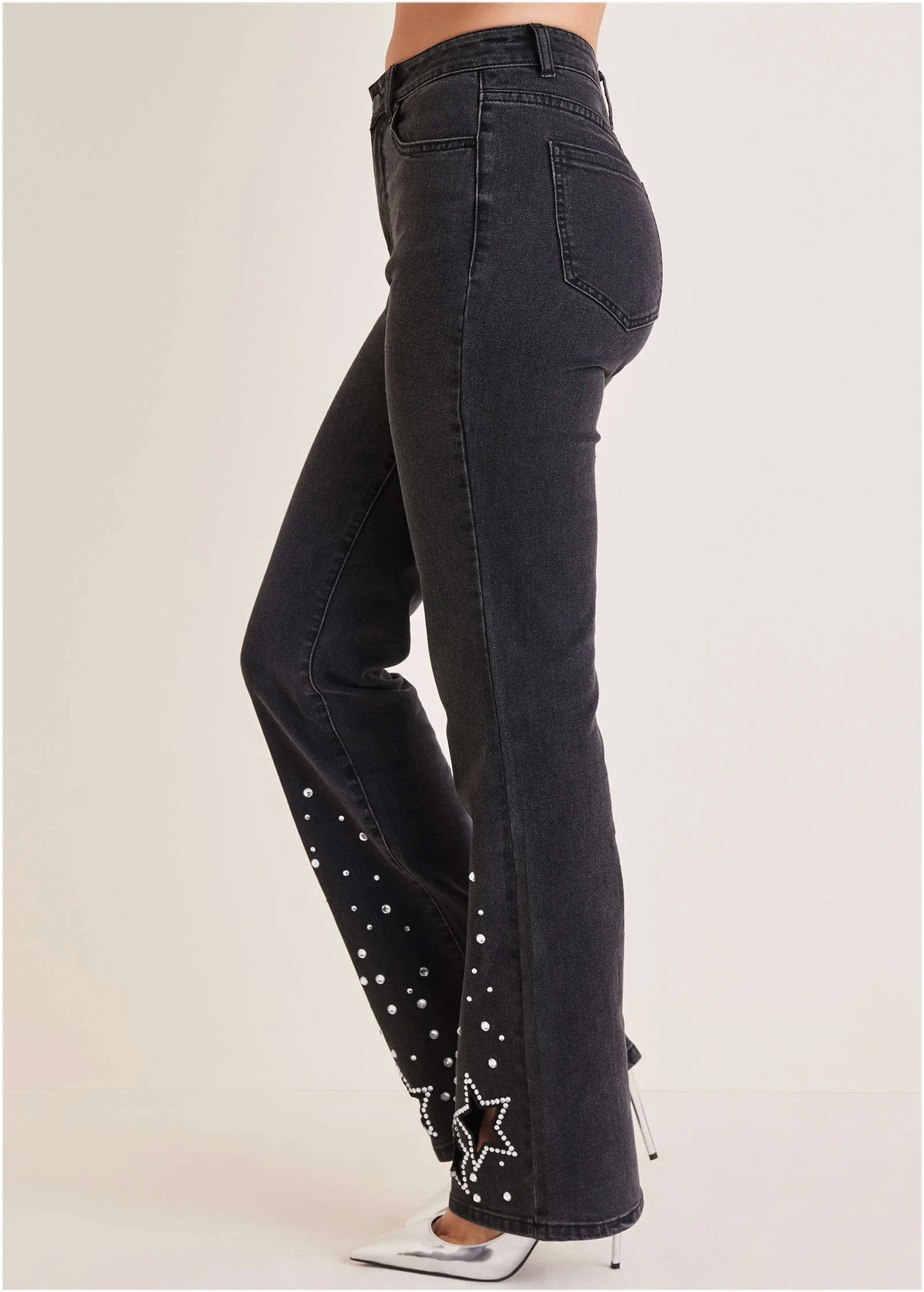 Rhinestone Embellished Jeans - Black Wash