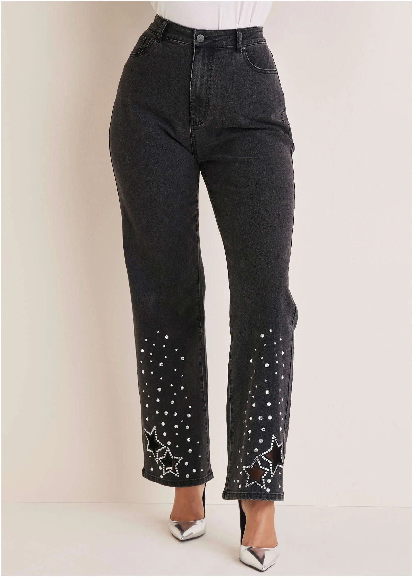 Rhinestone Embellished Jeans - Black Wash