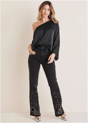 Rhinestone Embellished Jeans - Black Wash