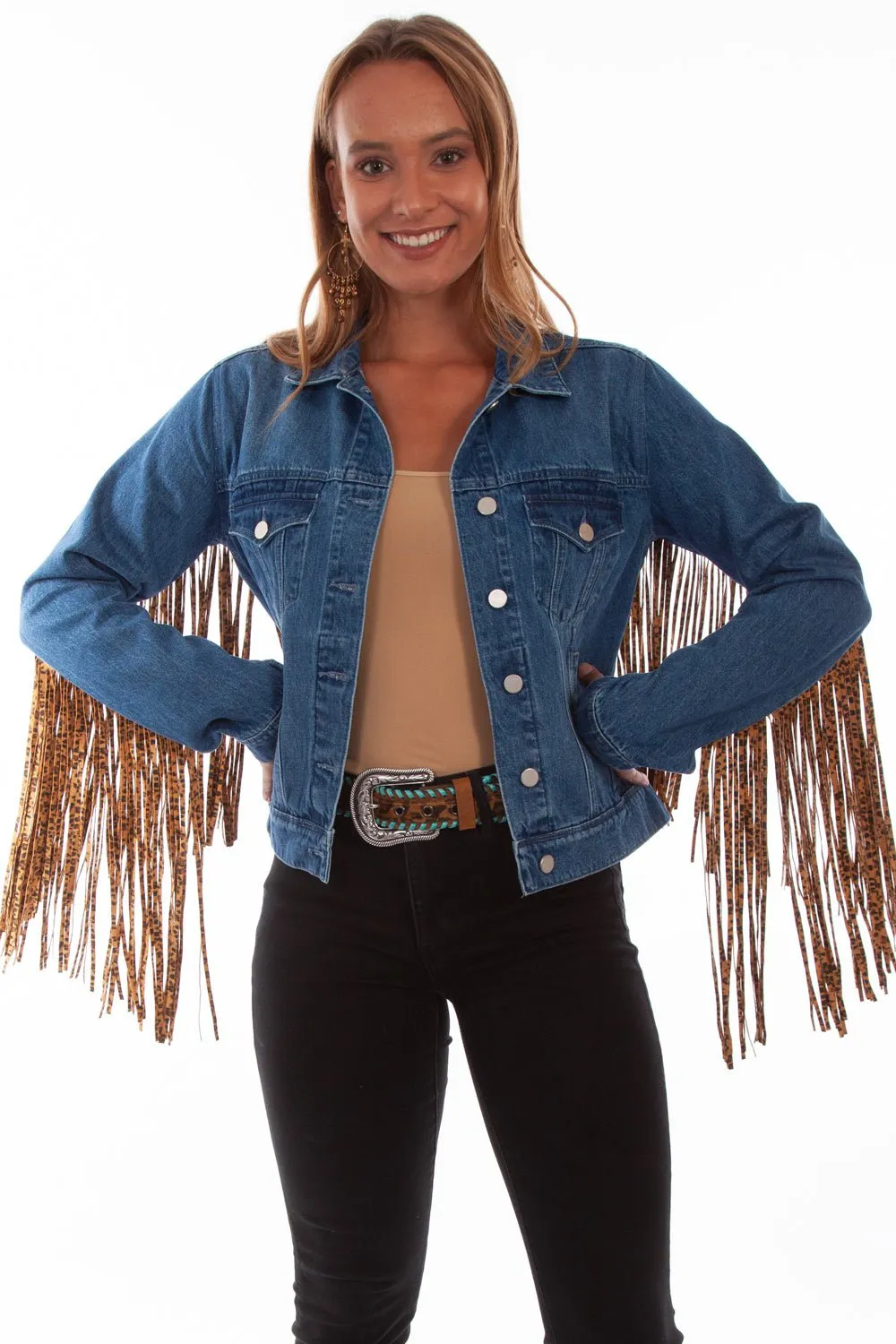 Scully Womens Denim Cotton Blend Leopard Fringe Jacket