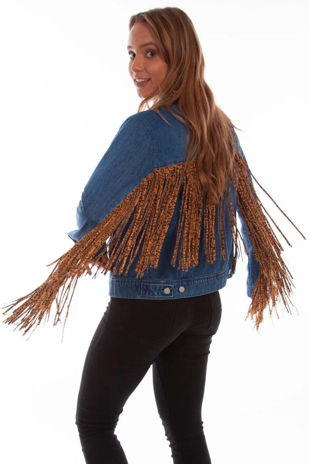 Scully Womens Denim Cotton Blend Leopard Fringe Jacket