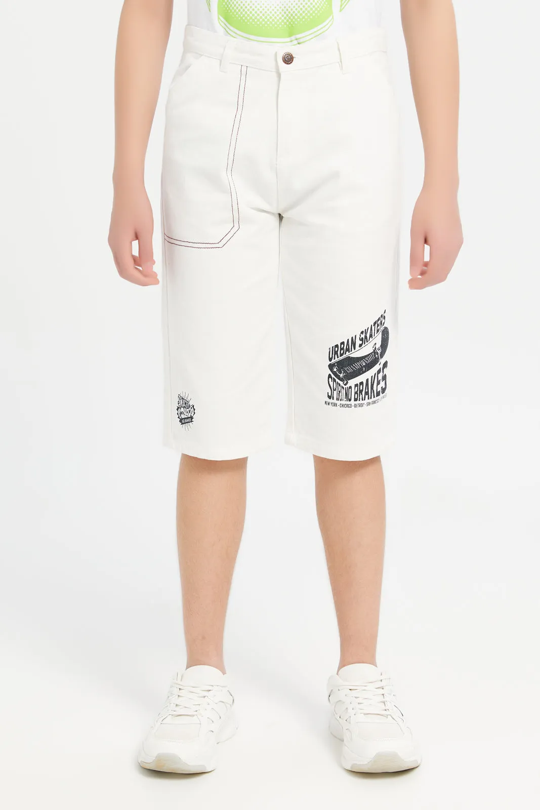 Senior Boys White Printed Denim Shorts