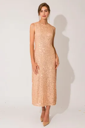 Sequin Sleeveless Round Neck Back Slit Maxi Dress