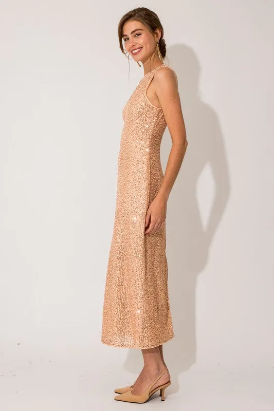 Sequin Sleeveless Round Neck Back Slit Maxi Dress