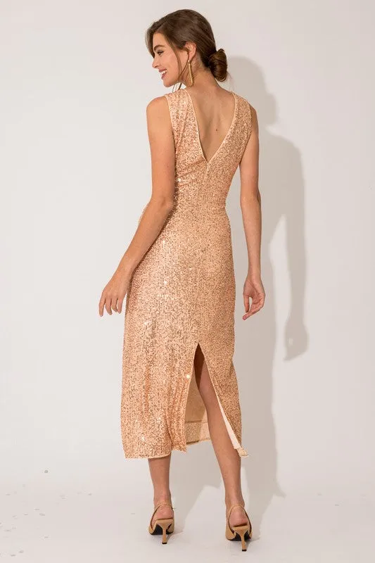 Sequin Sleeveless Round Neck Back Slit Maxi Dress