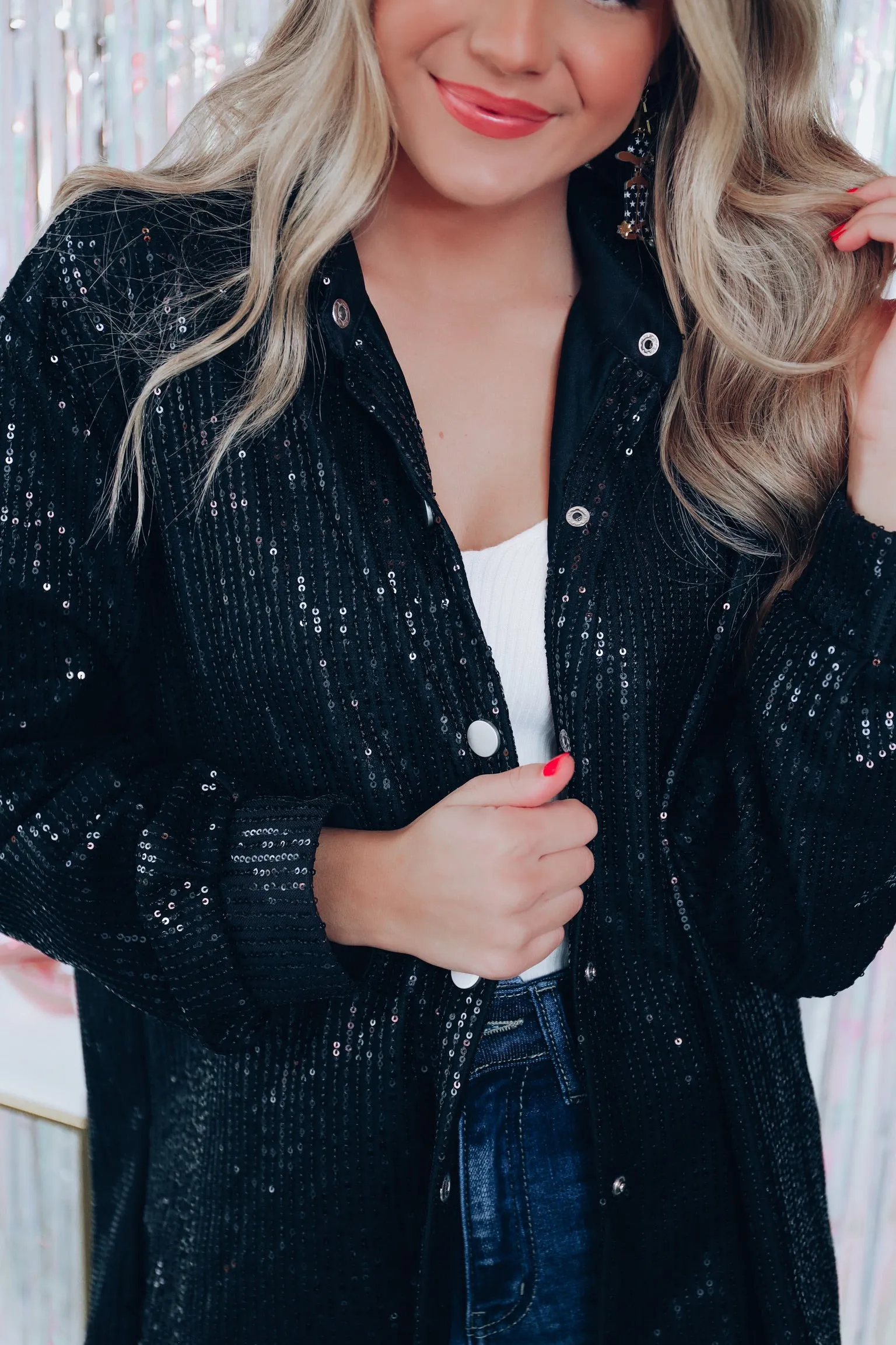 Set The Tone Sequin Button Down Shirt - Black