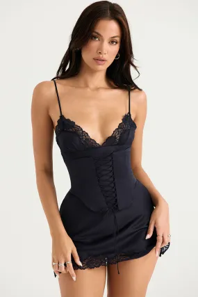 Sexy Club Lace Up Belt V Neck Lace Satin Slip Mini Dress - Black