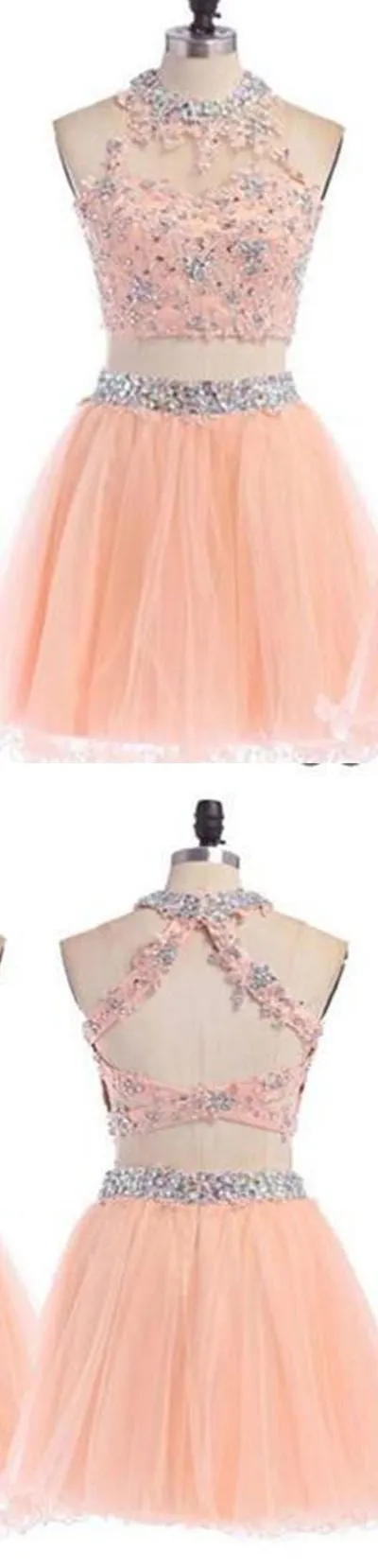 Sexy Two pieces Peach lace homecoming prom dresses, CM0004