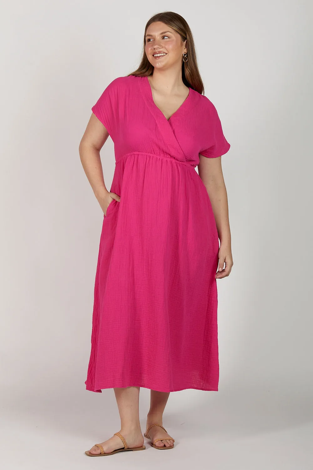 Shari Crinkle Cotton Maxi Dress in Pink Glo