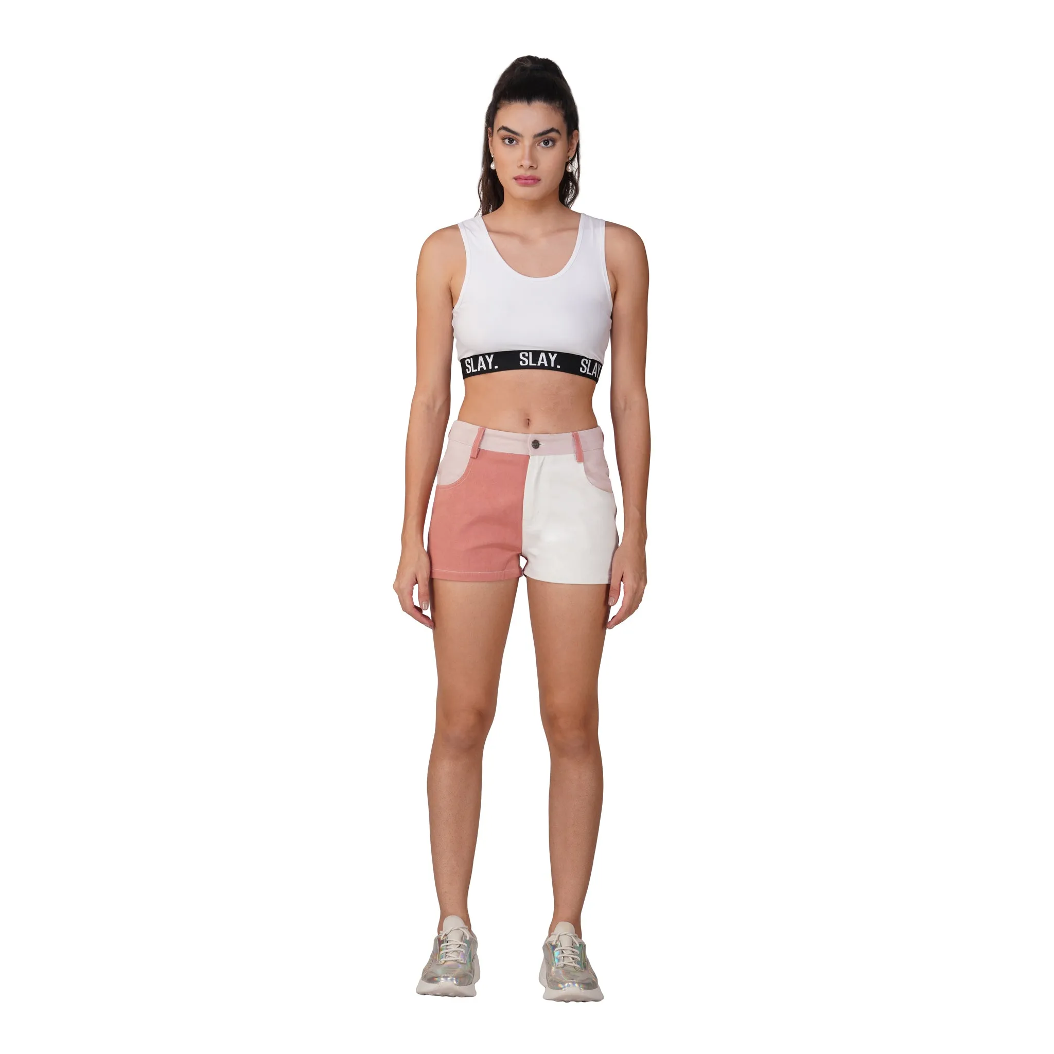 SLAY. Women's Colourblock Pink & White Colorblock Denim Shorts