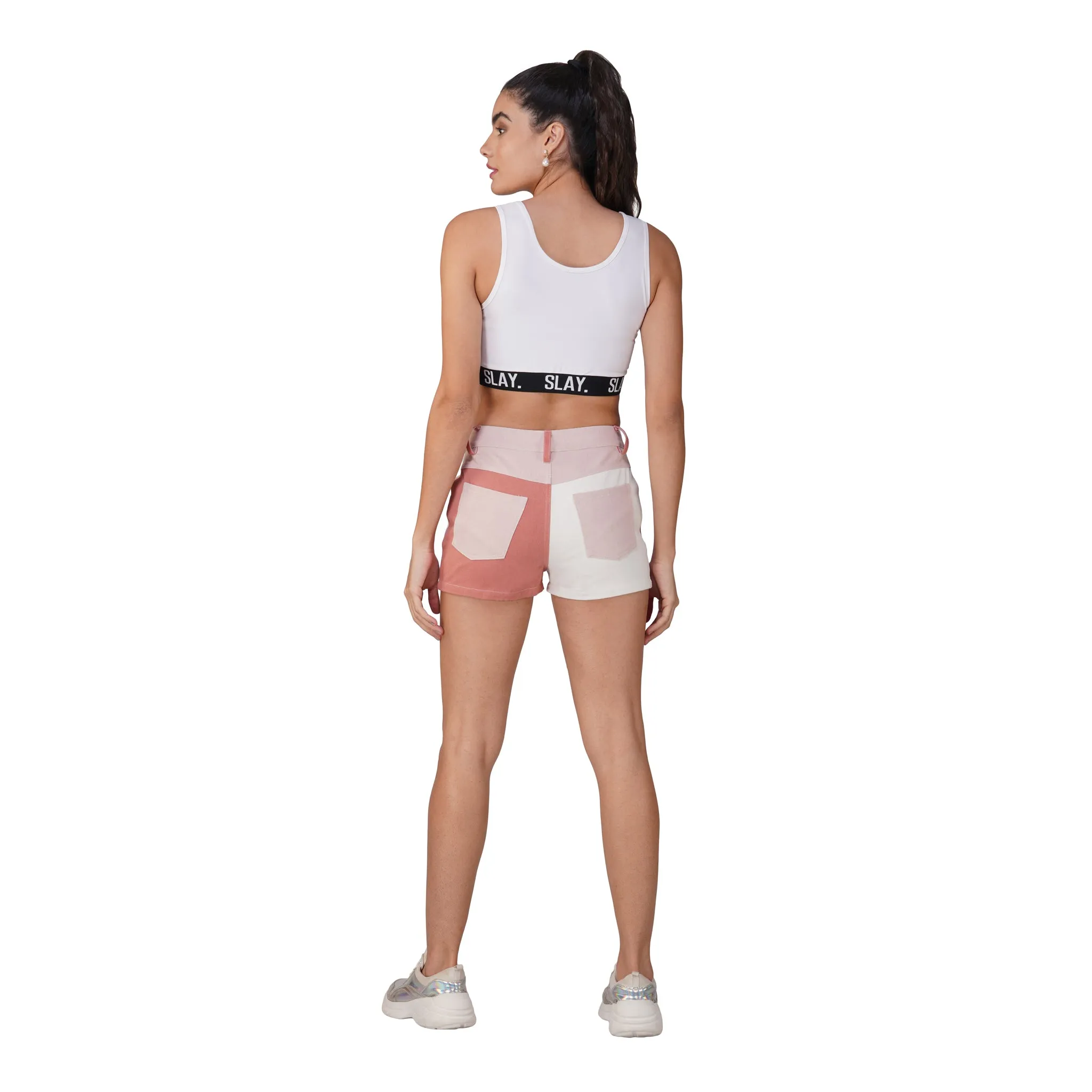 SLAY. Women's Colourblock Pink & White Colorblock Denim Shorts