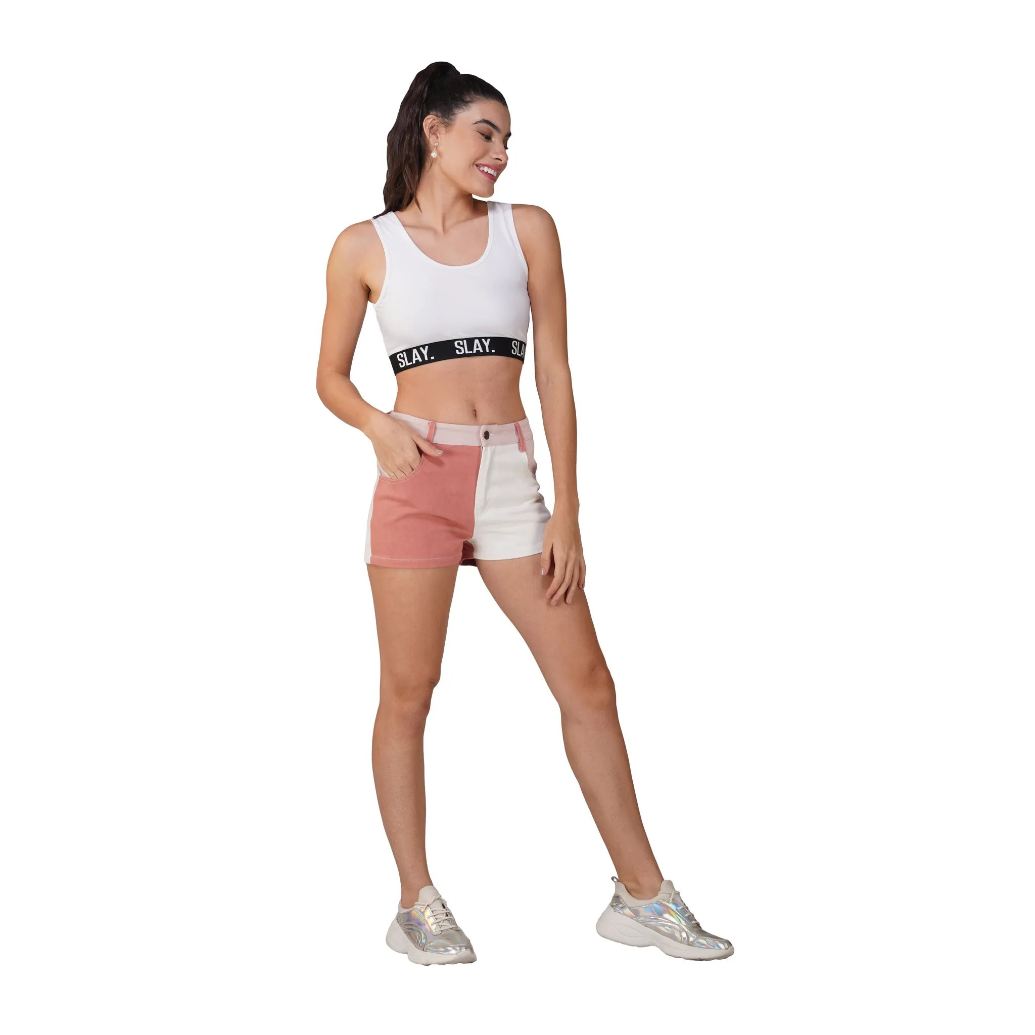 SLAY. Women's Colourblock Pink & White Colorblock Denim Shorts