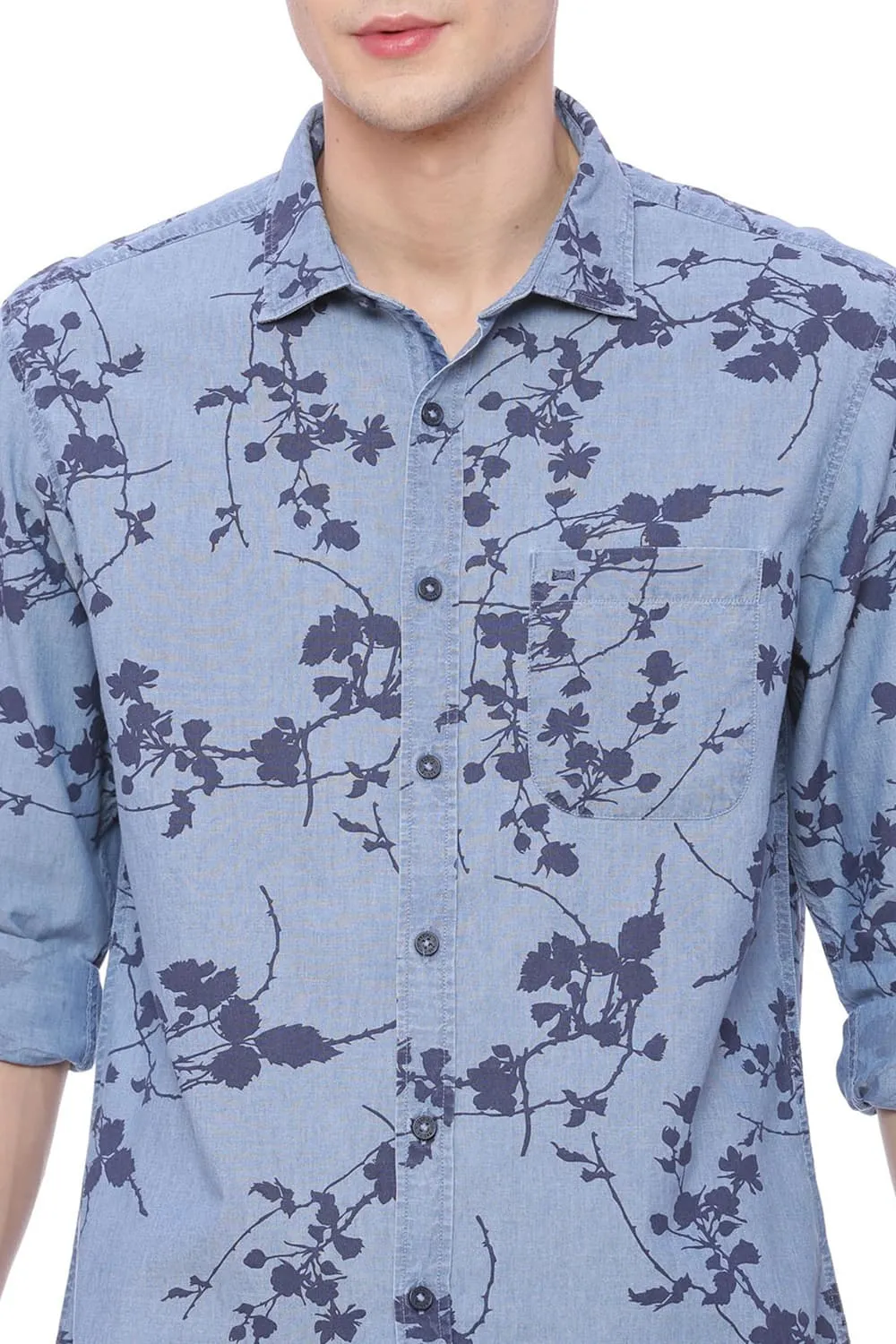 Slim Fit Printed Indigo Shirt