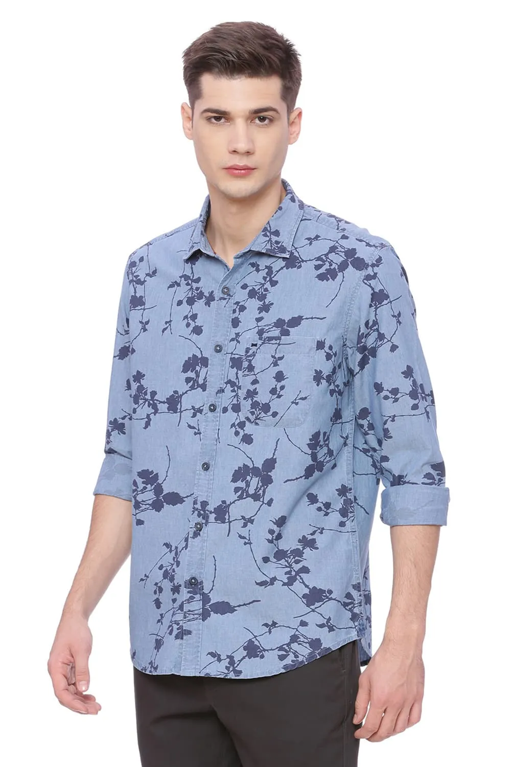 Slim Fit Printed Indigo Shirt